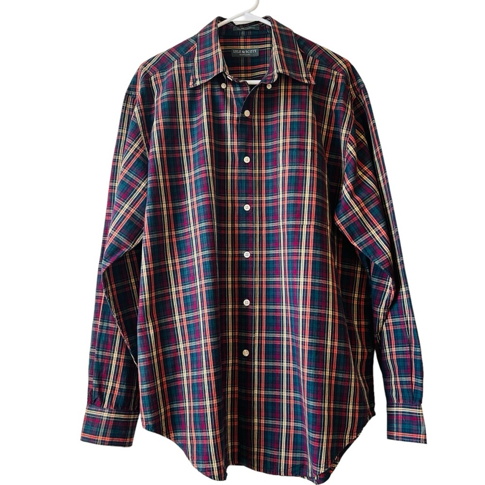 Men’s Lyle and Scott Long Sleeve Button Down Plaid Shirt Size L Cotton